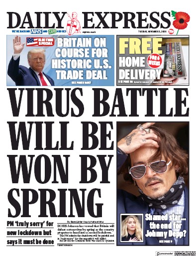 Daily Express (UK) Newspaper Front Page for 3 November 2020