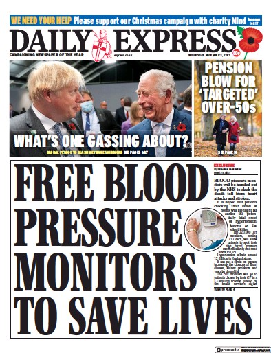 Daily Express (UK) Newspaper Front Page for 3 November 2021