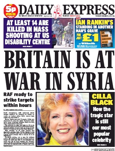 Daily Express (UK) Newspaper Front Page for 3 December 2015