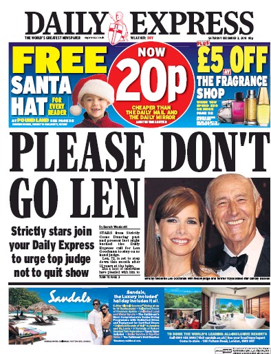 Daily Express (UK) Newspaper Front Page for 3 December 2016