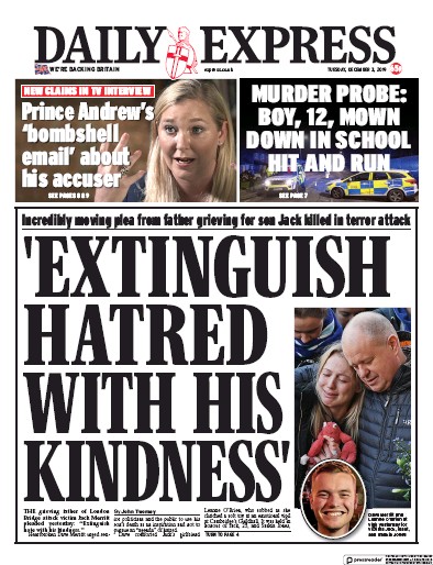 Daily Express Newspaper Front Page for 3 December 2019