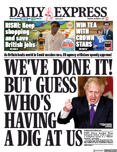 Daily Express (UK) Newspaper Front Page for 3 December 2020
