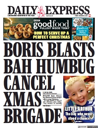 Daily Express (UK) Newspaper Front Page for 3 December 2021