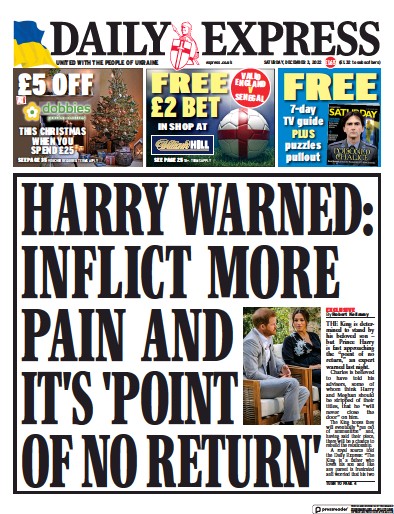 Daily Express (UK) Newspaper Front Page for 3 December 2022