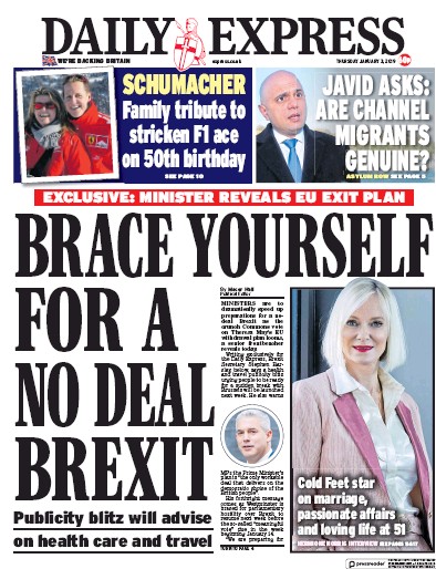 Daily Express Newspaper Front Page for 3 January 2019