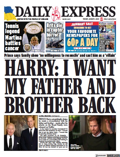Daily Express (UK) Newspaper Front Page for 3 January 2023