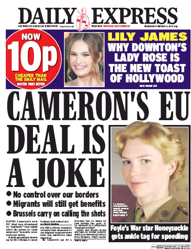 Daily Express Newspaper Front Page for 3 February 2016