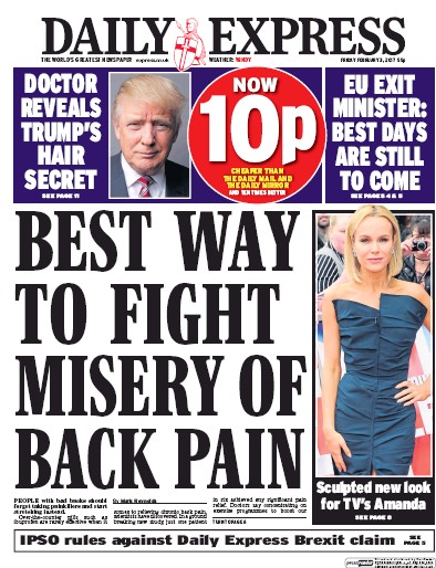 Daily Express Newspaper Front Page for 3 February 2017