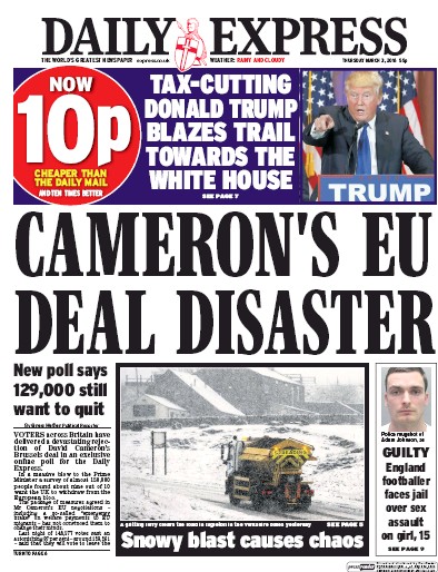 Daily Express Newspaper Front Page for 3 March 2016