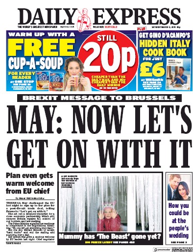 Daily Express Newspaper Front Page for 3 March 2018