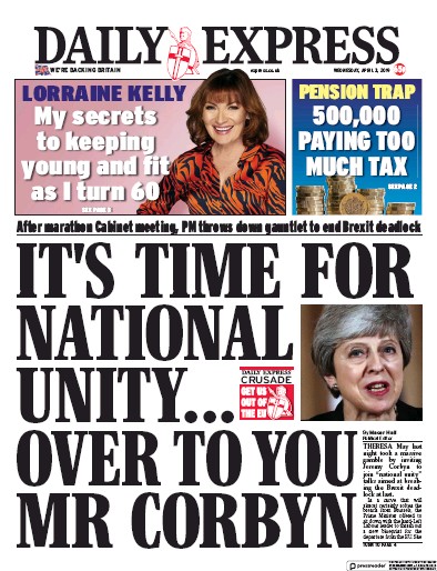 Daily Express Newspaper Front Page for 3 April 2019