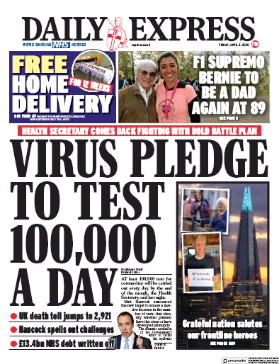 Daily Express (UK) Newspaper Front Page for 3 April 2020