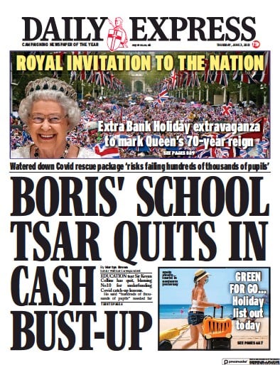 Daily Express Newspaper Front Page for 3 June 2021