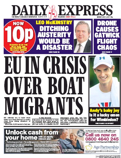 Daily Express (UK) Newspaper Front Page for 3 July 2017