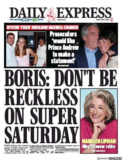 Daily Express (UK) Newspaper Front Page for 3 July 2020