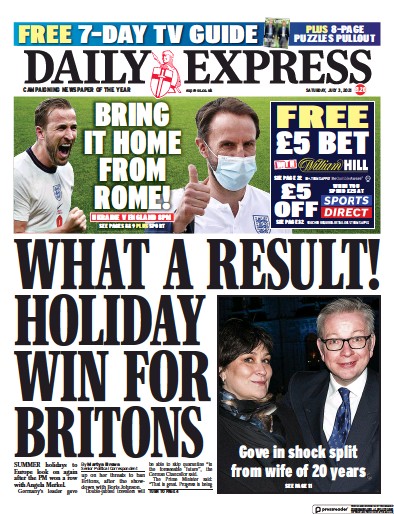 Daily Express (UK) Newspaper Front Page for 3 July 2021