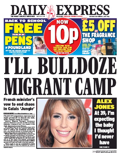 Daily Express Newspaper Front Page for 3 September 2016