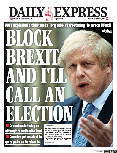 Daily Express Newspaper Front Page for 3 September 2019