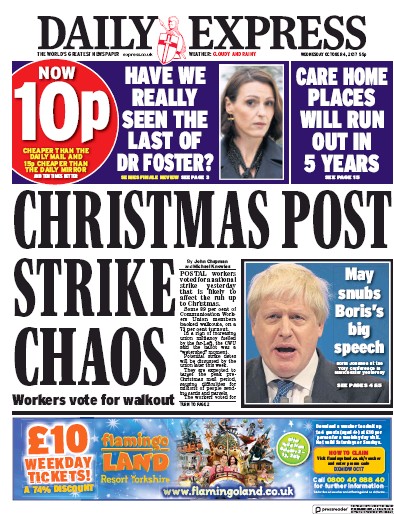 Daily Express Newspaper Front Page for 4 October 2017