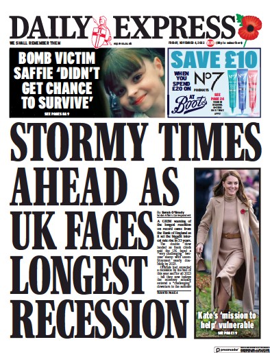 Daily Express (UK) Newspaper Front Page for 4 November 2022