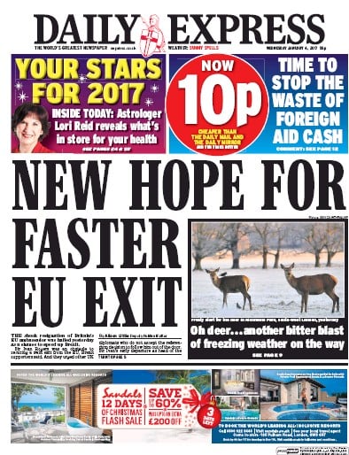 Daily Express (UK) Newspaper Front Page for 4 January 2017