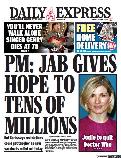 Daily Express Newspaper Front Page for 4 January 2021