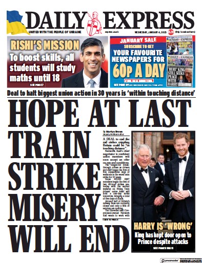 Daily Express (UK) Newspaper Front Page for 4 January 2023
