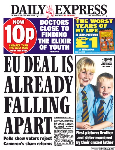 Daily Express Newspaper Front Page for 4 February 2016