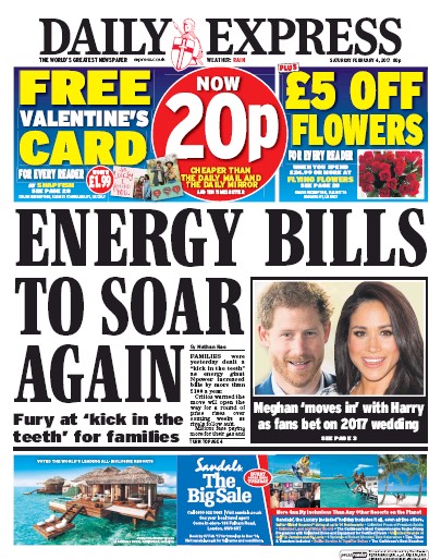 Daily Express Newspaper Front Page for 4 February 2017