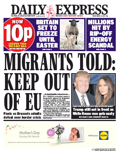 Daily Express Newspaper Front Page for 4 March 2016