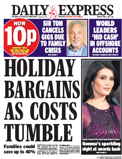 Daily Express (UK) Newspaper Front Page for 4 April 2016