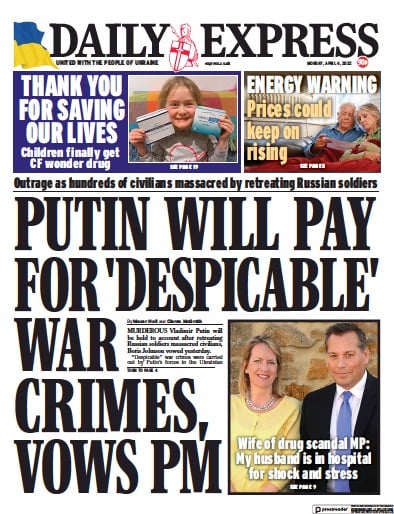 Daily Express Newspaper Front Page for 4 April 2022