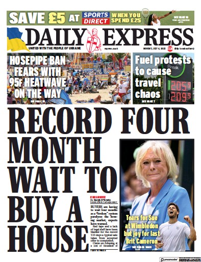 Daily Express (UK) Newspaper Front Page for 4 July 2022