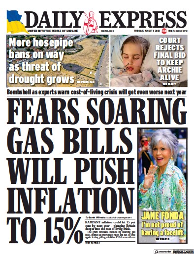 Daily Express (UK) Newspaper Front Page for 4 August 2022