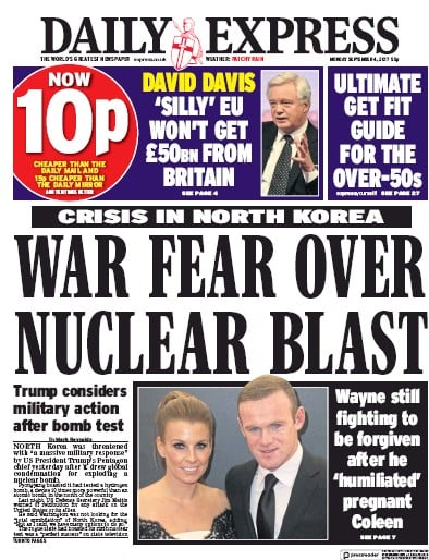 Daily Express Newspaper Front Page for 4 September 2017