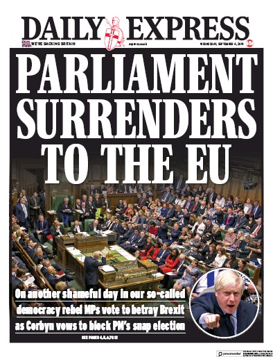 Daily Express Newspaper Front Page for 4 September 2019