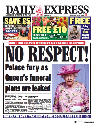 Daily Express (UK) Newspaper Front Page for 4 September 2021