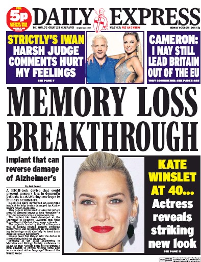 Daily Express Newspaper Front Page for 5 October 2015