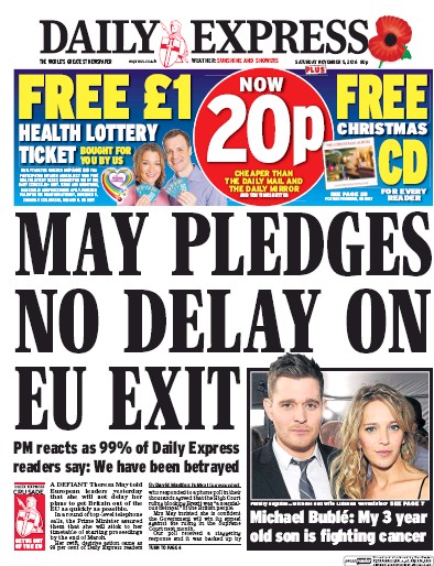 Daily Express Newspaper Front Page for 5 November 2016