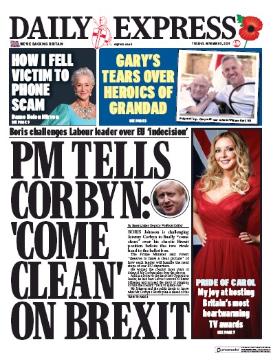 Daily Express Newspaper Front Page for 5 November 2019
