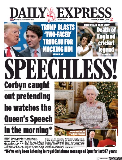 Daily Express Newspaper Front Page for 5 December 2019