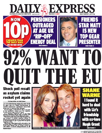 Daily Express Newspaper Front Page for 5 February 2016