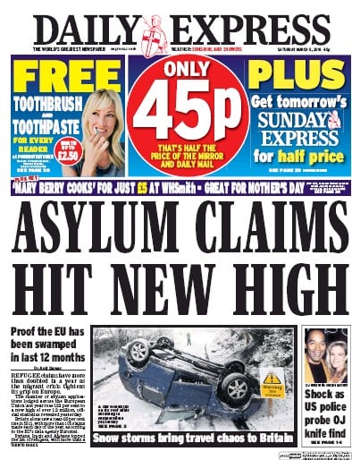 Daily Express Newspaper Front Page for 5 March 2016