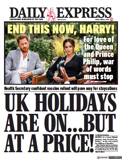 Daily Express (UK) Newspaper Front Page for 5 March 2021