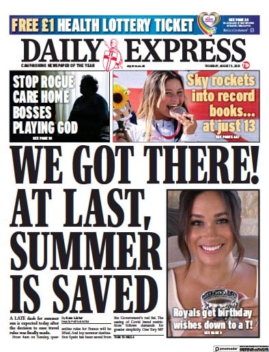 Daily Express (UK) Newspaper Front Page for 5 August 2021