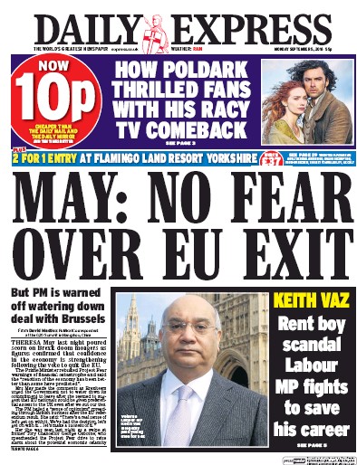 Daily Express Newspaper Front Page for 5 September 2016