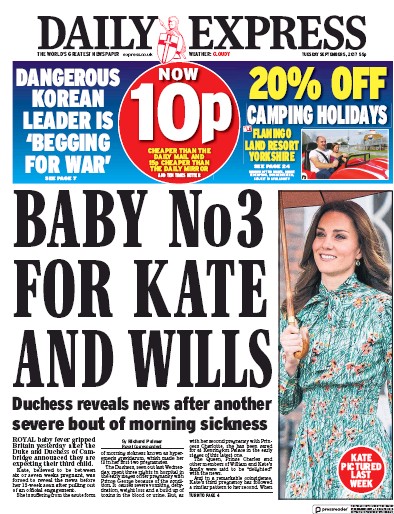 Daily Express Newspaper Front Page for 5 September 2017