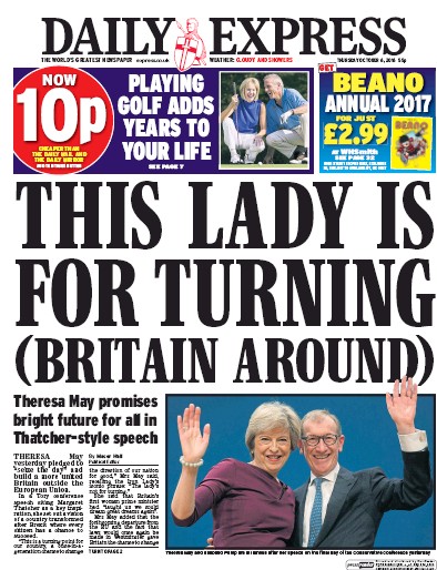Daily Express (UK) Newspaper Front Page for 6 October 2016