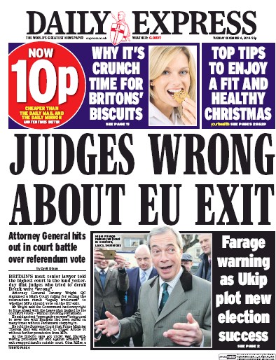Daily Express Newspaper Front Page for 6 December 2016