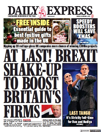 Daily Express (UK) Newspaper Front Page for 6 December 2021